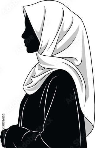 Graceful profile silhouette of a Muslim woman wearing a traditional hijab headscarf and abaya for inclusive lifestyle design