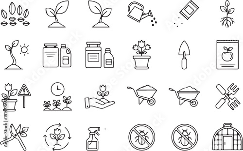 Gardening icons set including seeds, seedling, plant, watering can, fertilizer, shovel, wheelbarrow, and garden tools