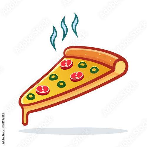 Delicious slice of pepperoni and olive pizza with steam rising.