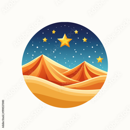 Desert landscape at night with stars and dunes in a circular frame.