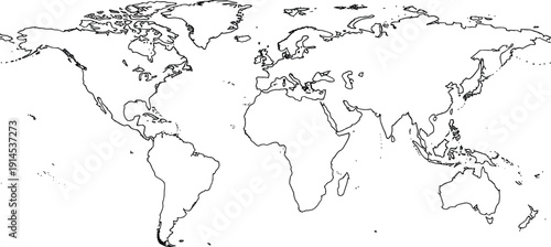 Minimalist black and white world map outline silhouette featuring global continents for travel infographics and international business projects