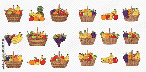 Collection of various fruit baskets and individual fruits, including apples, bananas, oranges, grapes, and pineapples, on a transparent background.