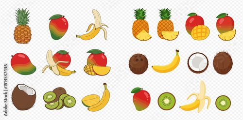 Set of tropical fruits including pineapple, mango, banana, coconut, and kiwi on transparent background.