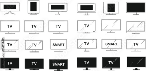 Collection of smart television and computer monitor icons in flat screen vertical and ultra-wide styles for tech branding