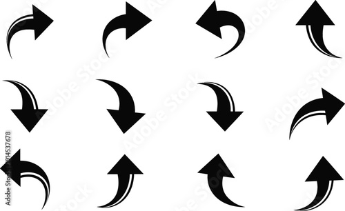 Set of black curved arrow icons pointing in multiple directions for user interface navigation and workflow process diagrams