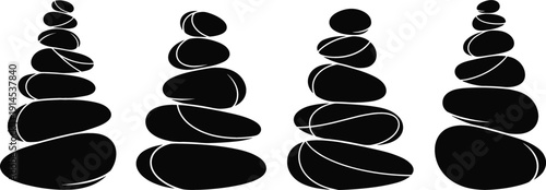 Collection of black zen stone silhouettes featuring balanced pebble stacks for meditation wellness spa and mindfulness design projects