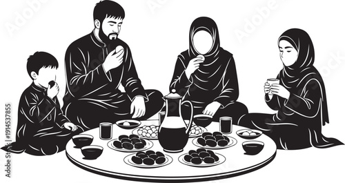 Muslim family iftar meal ramadan celebration traditional food dates drinks togetherness islamic culture
