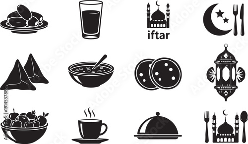 Ramadan icons set of traditional food mosque lantern dates fruit and drink for iftar islamic month celebration