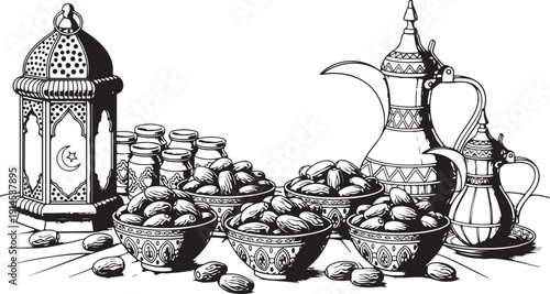 Ramadan still life with dates coffee pots and lantern in islamic style sketch drawing for greeting card poster
