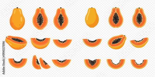 Set of fresh ripe papaya fruits whole and sliced with black seeds on transparent background.