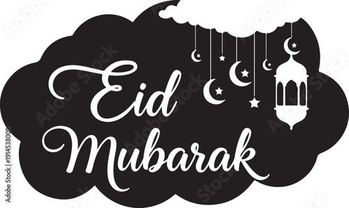 Eid Mubarak decorative text with crescent moon stars and lantern hanging on transparent background festive greeting
