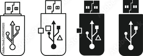 Set of USB flash drive icons in outline and solid silhouette styles for digital data storage and technology interface