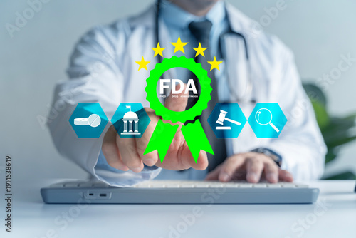 Wallpaper Mural Doctor pointing to FDA approval badge for pharmaceutical regulation and compliance Torontodigital.ca