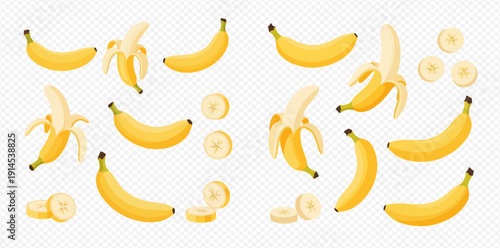 Collection of fresh yellow bananas, whole, peeled, and sliced, isolated on a transparent background, perfect for healthy food designs.