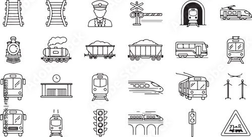 Train transportation icons with locomotives carriages stations signals and railway infrastructure
