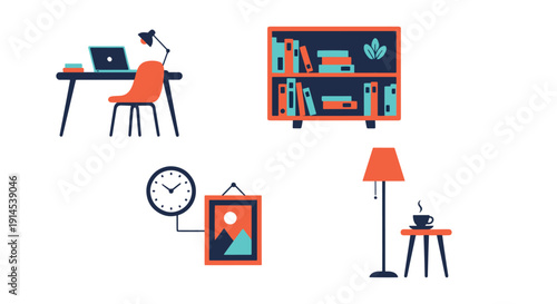 Home Office Line art filed color creative design minimal abstract concept illustration