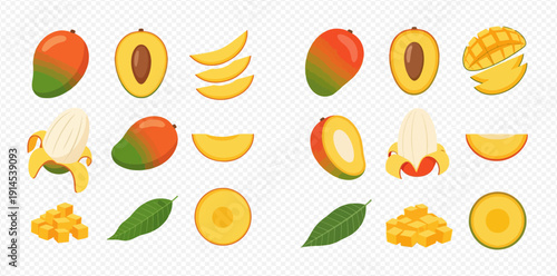 Set of fresh mango fruit illustrations, whole, half, peeled, sliced, and diced with leaves.