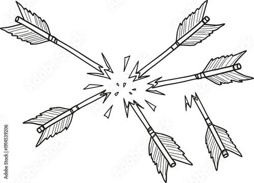 A group of arrows intersecting in mid air with one bent