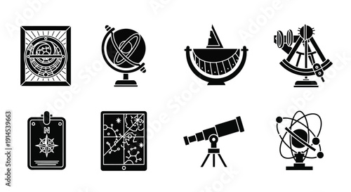 Collection of eight black and white icons representing astronomical and navigational tools, including globes, telescopes, and astrolabes.