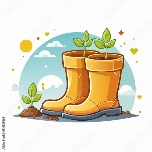 Creative Gardening Concept with Plants in Wellington Boots.