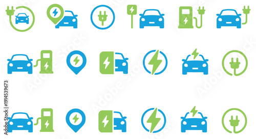 Collection of electric car charging station icons, including cars, charging plugs, and location markers.