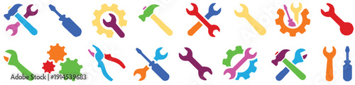 A collection of colorful icons representing various tools and mechanical elements, including wrenches, hammers, screwdrivers, pliers, and gears, arranged in two rows against a white background.