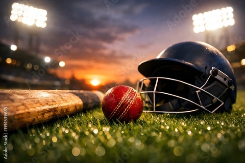 Cricket bat, red ball, and dark helmet rest on dew-kissed green grass field under stadium lights at sunset, ideal for sports branding.