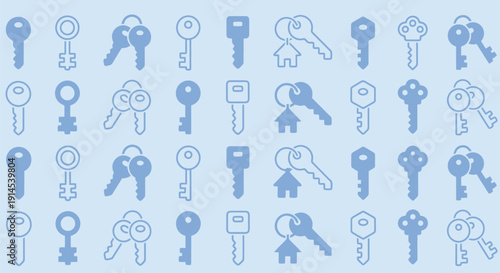 A repeating pattern of blue house keys and keychains with house icons on a light blue background.