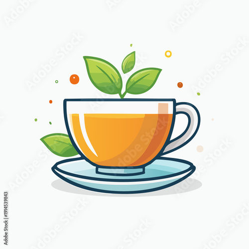Cup of tea with green leaves, fresh and healthy drink.