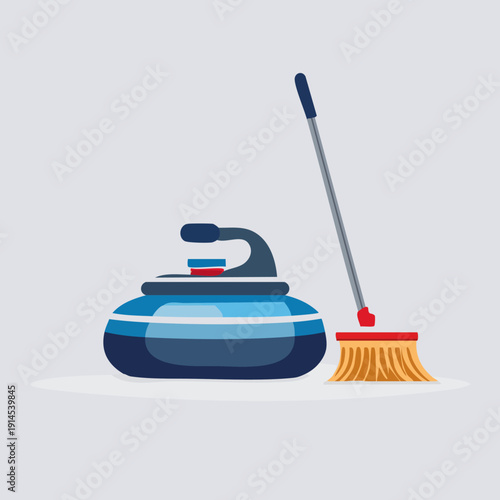 Curling Stone and Broom Illustration on Light Background.