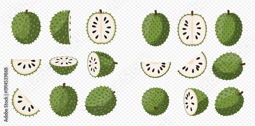 Set of fresh soursop fruit whole, half, and sliced, isolated on transparent background.