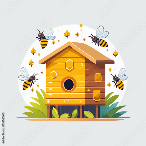 Cute Beehive with Bees Flying Around Nature Scene.