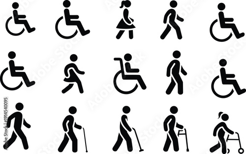 Accessibility disability icons set, wheelchair users, elderly walking with cane, inclusive people symbols, medical and public facility accessibility signs
