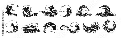 Sea wave set with various water splashes, flowing waves and abstract black and white ocean shapes. Wave icons graphic dynamic liquid motion, modern marine elements and fluid aquatic forms illustration