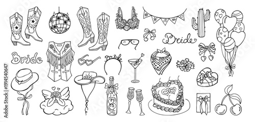 Hand drawn cowgirl and cowboy illustration set in coquette doodle line style. Vintage whimsical western symbols with bows, boots, hats cactus. Cute retro line art Texas charm trendy girly aesthetic