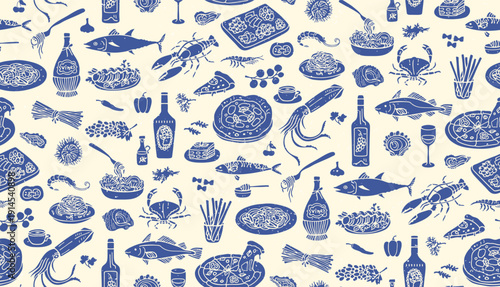 Mediterranean food Seamless pattern Italian and Spanish cuisine. Summer Hand drawn coastal mood with wine and seafood elegant coastal cooking texture. Southern ocean atmosphere background