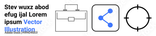Business tools, social networking, precision targeting, communication technology, planning concepts, and digital analytics. Clean vector a briefcase, share icon and a crosshair. Business tools