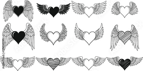 Hand drawn vintage winged heart vector set featuring black and white engraved sketches of love symbols with angel wings for romantic tattoos and valentines designs