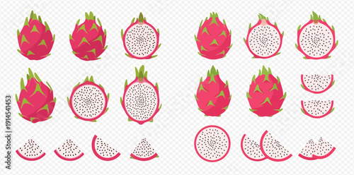 Dragon fruit whole and sliced with pitaya halves and wedges, tropical fruit set.