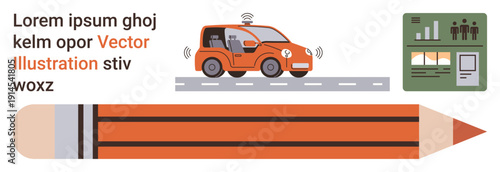 Smart cars, transportation, data analysis, education, creativity, communication. An orange autonomous vehicle, a pencil and data charts. Smart cars and transportation showcase technological