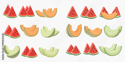 Collection of fresh watermelon, cantaloupe, and honeydew melon slices, perfect for summer fruit designs.