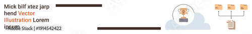 Data management, cloud computing, digital storage, file sharing, online collaboration, information security. Trophy in cloud, connected files. Cloud computing and data management