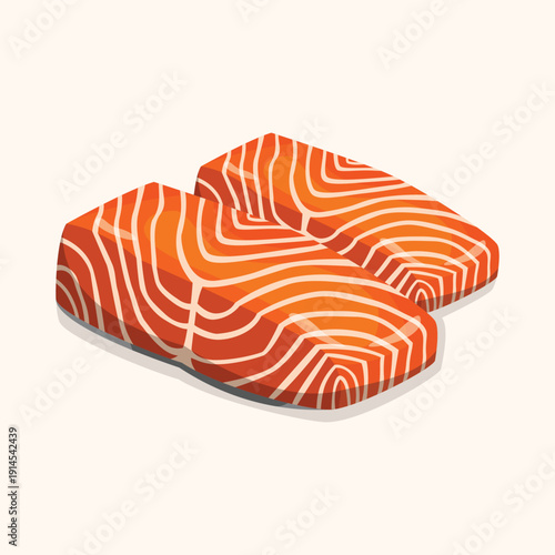 Fresh salmon fillet illustration with realistic marbling texture isolated on neutral background for food and culinary design concepts.