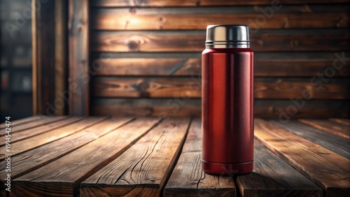 A crimson thermos sits quietly on a wooden table, waiting to quench thirst