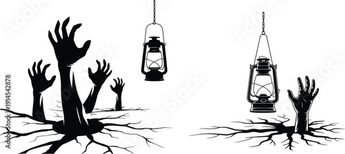 Creepy horror silhouette hands rising from ground, hanging vintage lantern illustration, spooky Halloween dark concept, scary night background design