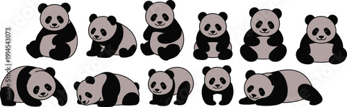 Cute cartoon panda collection set, adorable baby panda characters in different poses, wildlife animal illustration isolated on white background