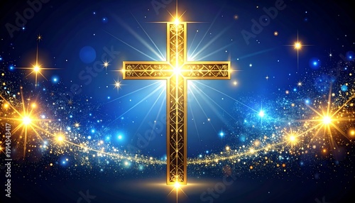 A large golden cross with sparkling lights on a dark blue background