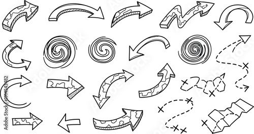 Collection of hand-drawn arrows and directional symbols on a transparent background