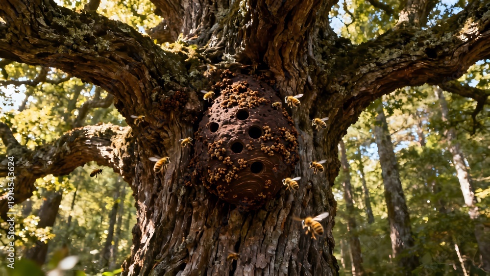 Obraz premium Natural beehive built into the hollow of an old tree trunk with bees flying around