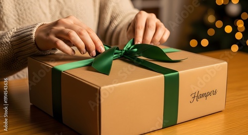 A person's hands tying a green ribbon around a brown gift box with 